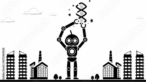 Robot holding dna strand in a futuristic city with buildings and clouds in a black and white illustration | editable eps vectors silhouette