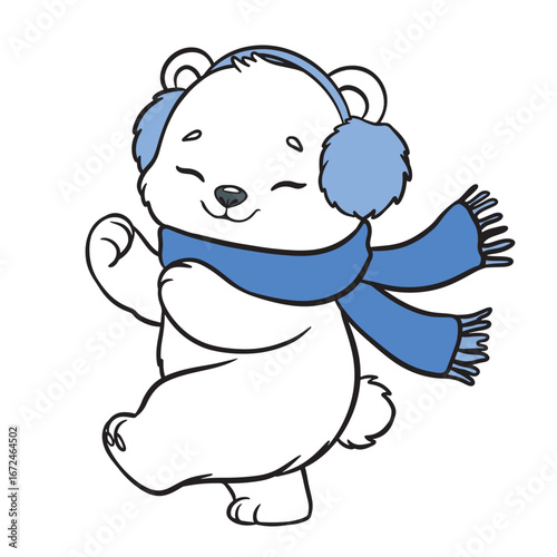 Cheerful polar bear cub in blue scarf and earmuffs walking joyfully. Cute winter animal illustration for holiday cards, children’s books, prints, and festive designs