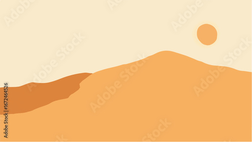 Serene Desert Landscape with Sunsets and Rolling Sand Dunes. Illustration of a Desert Landscape. 