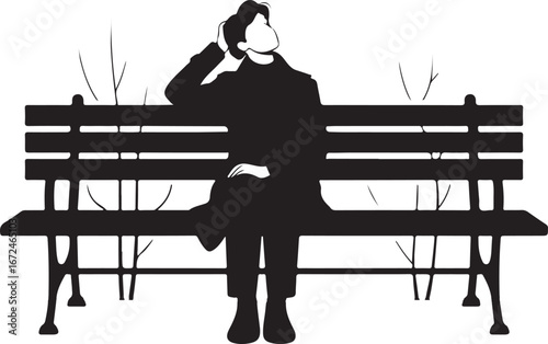 Silhouette of a person sitting on a park bench with hand on head woman