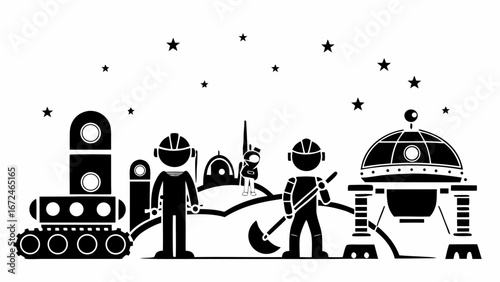 Illustration of astronauts working on a lunar base with vehicles and stars in a black and white design style | editable eps vectors silhouette