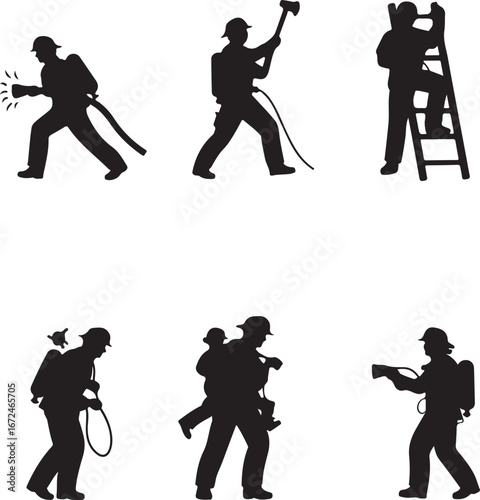 Six black silhouettes of firefighters in action on white background rescue emergency