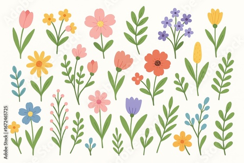 Colorful spring floral set Handdrawn wildflowers leaves and branches isolated on white background Vector blossom illustration