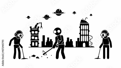 Illustration of stick figures cleaning a cityscape with flying saucers in the sky and a robot arm on a building | editable eps vectors silhouette