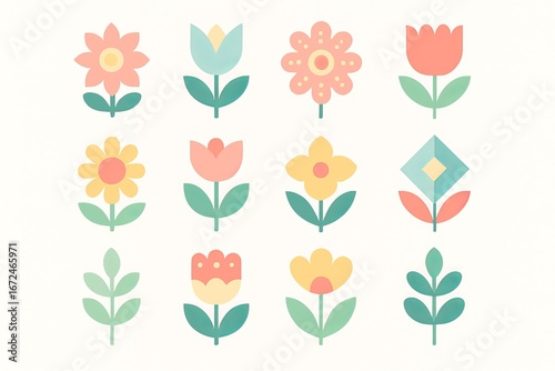 Flat vector illustration of folkstyle spring flowers and leaves in pastel colors Easter summer seasonal decor theme