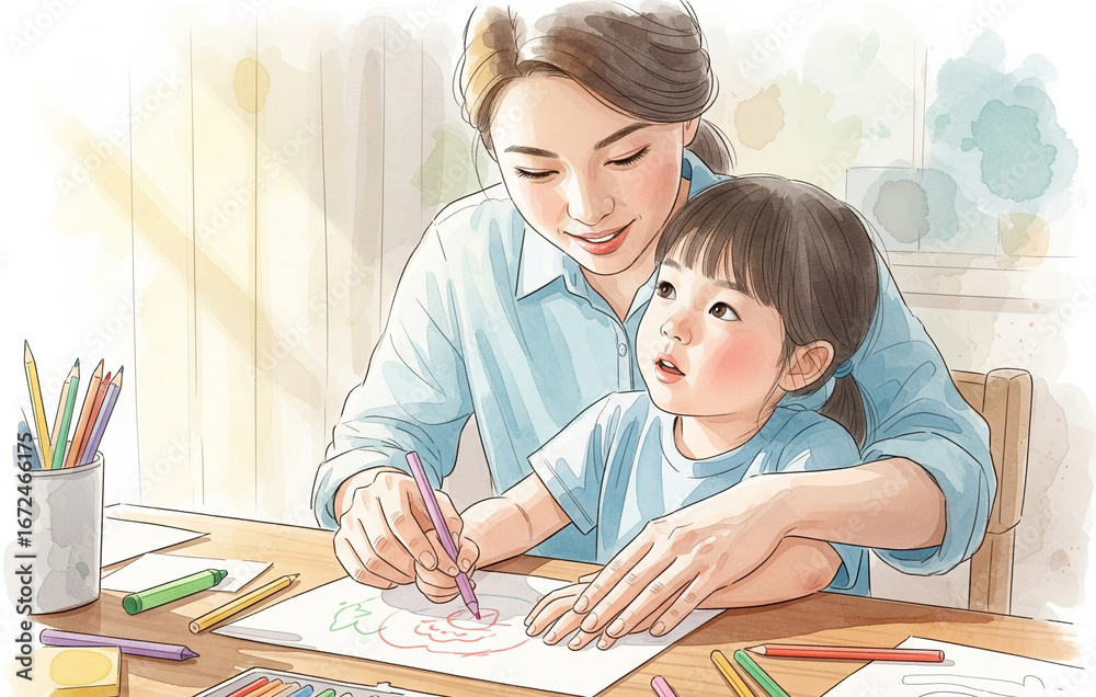 Fototapeta premium A digital watercolor painting of a teacher guiding a child’s hand to draw, with soft pastel tones/ teacher day poster/minimalistic