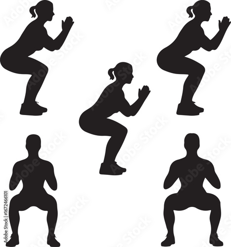 Black silhouette of people performing squats exercise on white background fitness workout