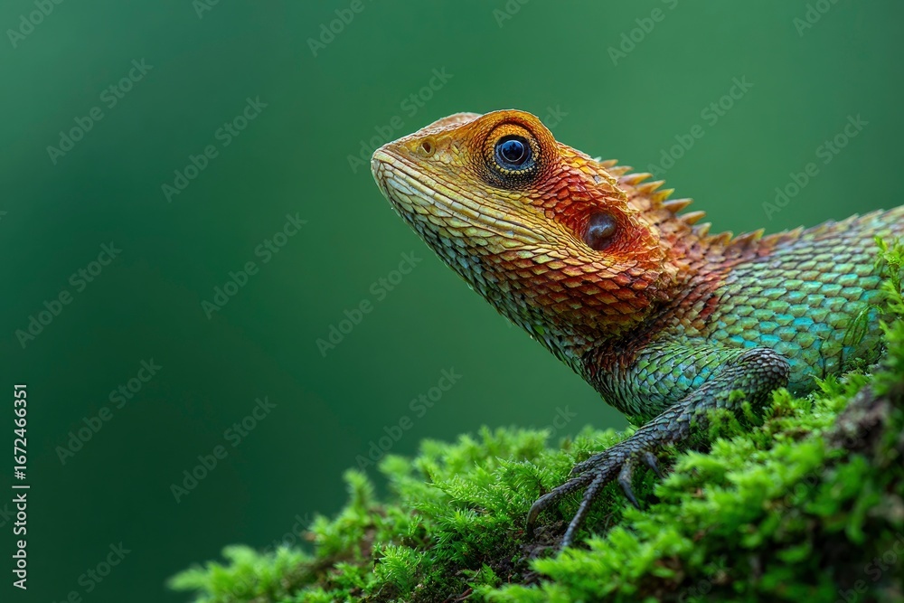 Fototapeta premium Closeup of a vibrant lizard on moss featuring detailed scales textured skin and a smooth green background