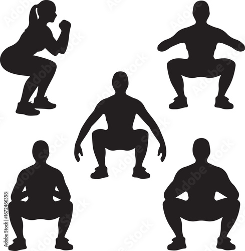 Five black silhouettes of people performing squats on white background exercise fitness