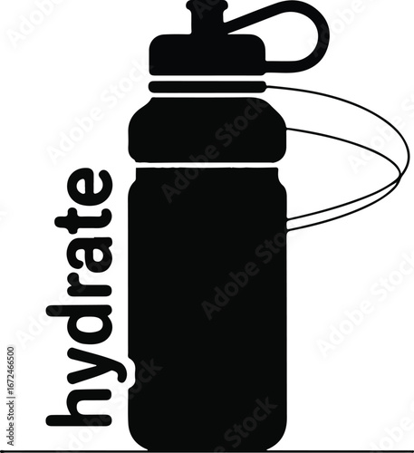 Black silhouette of a water bottle with the word hydrate black and white hydration