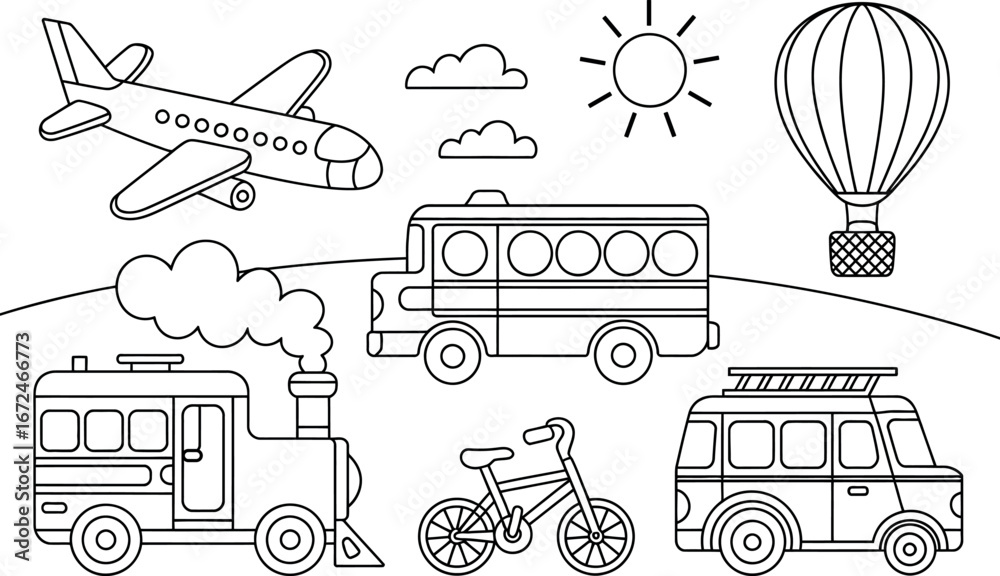 Fototapeta premium Cheerful Line Art Transportation Set: Airplane, Bus, Train, Van, Bike, Hot Air Balloon