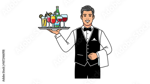 Cheerful Server: A well-dressed server, balancing a tray of colorful cocktails and beverages with a warm smile. Embodying excellent customer service and hospitality.
