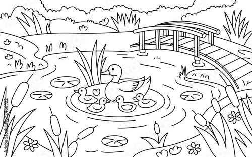 Charming Line Art Duck Family Pond Scene with Bridge