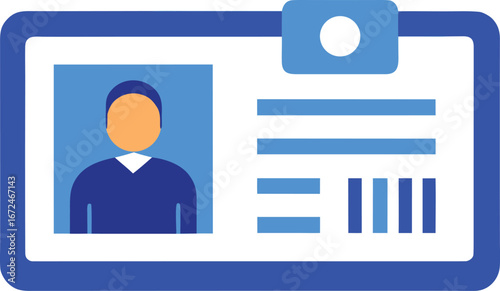 Vector illustration of a blue and white worker id card with barcode and photo