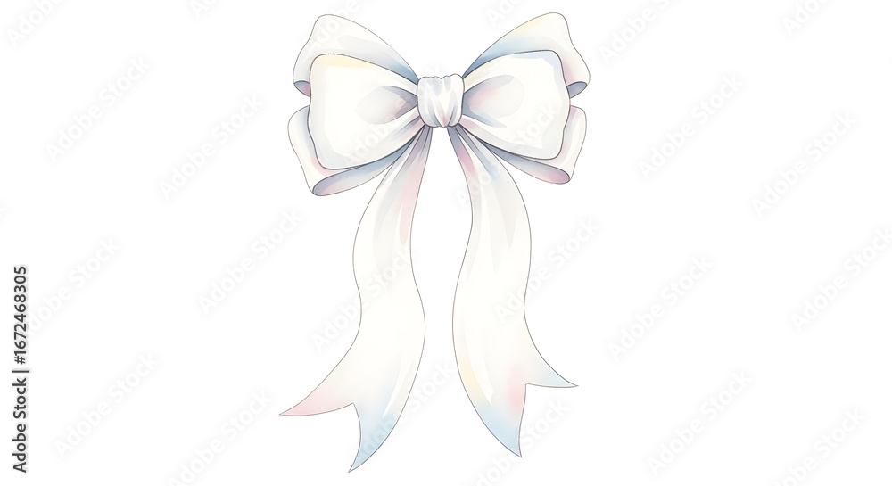 Naklejka premium Delicate pastel ribbon bow watercolor illustration with soft gradient hues, pale pink-blue satin bow for gift wrapping and craft design, elegant decorative bow with flowing tails