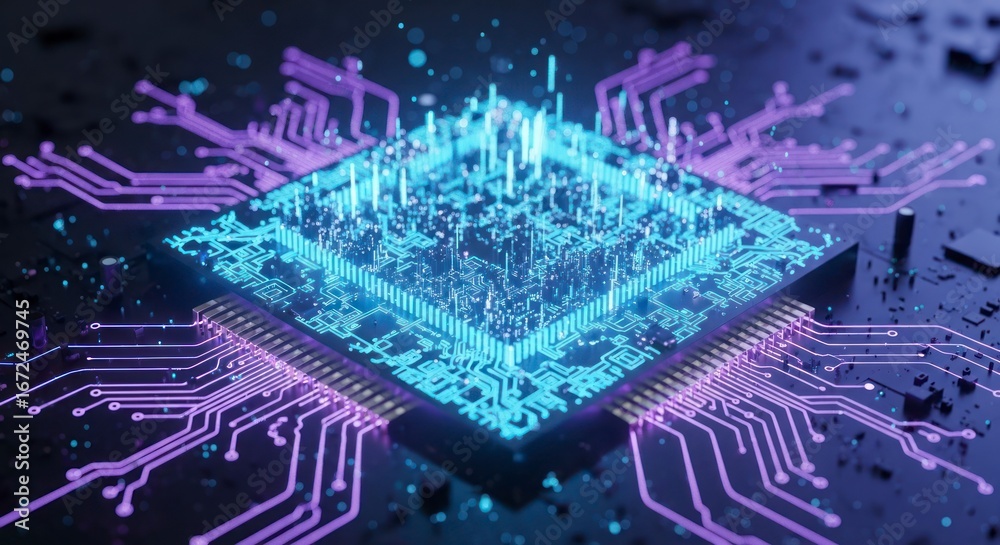 Fototapeta premium A detailed close-up of a glowing circuit board, showcasing complex circuit lines and luminous data points, set against a dark background.