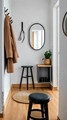 Stylish and welcoming hallway showcases functional furniture, soothing colors, and clever use of natural light for an inviting atmosphere