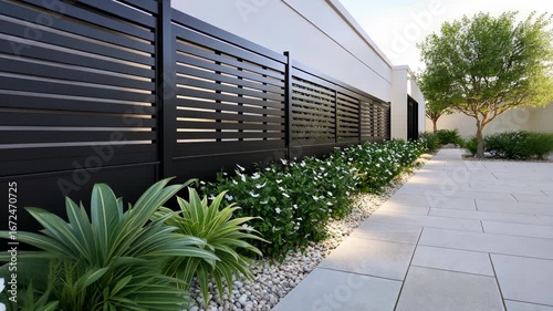 Beautiful landscaping with sleek fencing and colorful flowers creates a peaceful and stylish outdoor setting for relaxation and enjoyment