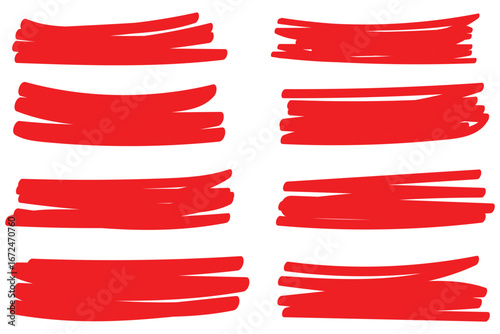 Red marker strokes set. Hand drawn lines for underlining text. Grunge brush paint stripes. Highlight scribble. Set of red marker paint texture. Stroke isolated on white background. eps 10