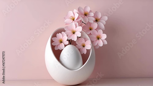 Beautiful pink flowers are arranged in a unique egg-shaped vase, creating a delightful spring decor piece with a soft pastel background