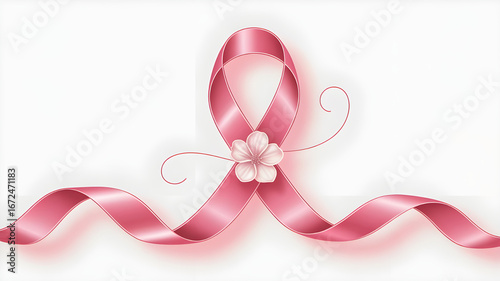 A beautiful and detailed illustration of a pink ribbon adorned with a delicate flower, symbolizing awareness and hope