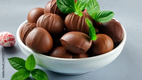 A bowl filled with rich chocolate candies and fresh mint leaves awaits to delight taste buds with a perfect sweet and minty combination
