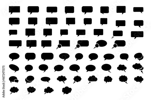 Illustration of multiple rows of black speech bubbles with varying shapes and orientations on a white background