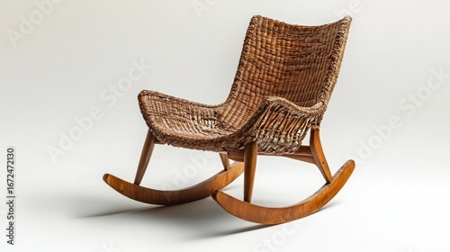 Rocking chair with woven seat and backrest on plain surface