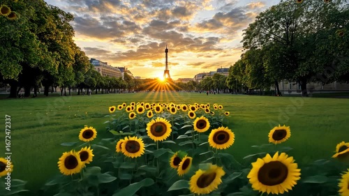 Golden sunflowers bask in a stunning sunset, casting long shadows in a tranquil park filled with greenery and colorful sky