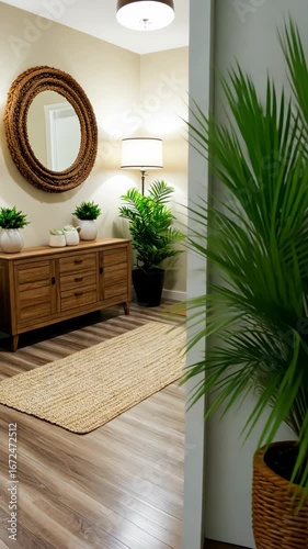 A bright indoor area showcases a lush green plant beside a woven basket and tasteful furnishings, creating a welcoming ambiance