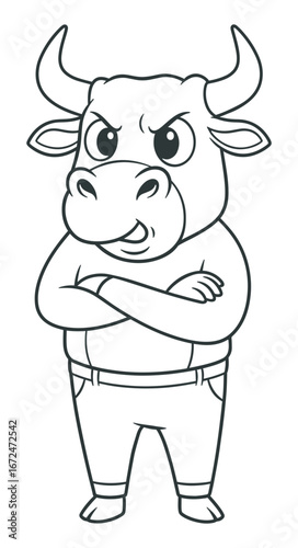 Cartoon Outline of an Angry Bull Standing with Arms Crossed