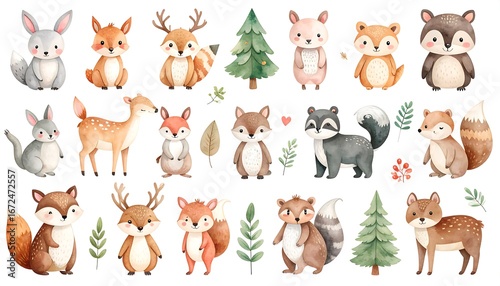 Cute woodland animals watercolor set