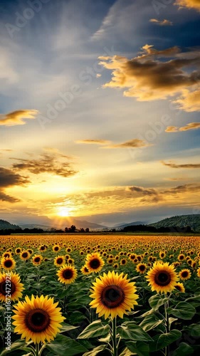 Sunflowers stretch toward the sky as a beautiful sunset casts warm hues over the fields and rolling hills in a peaceful setting