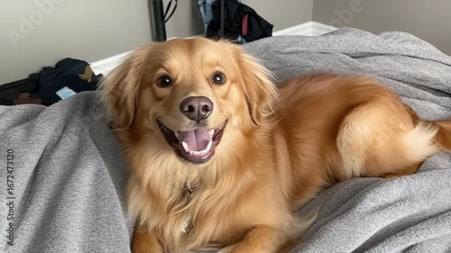 A cheerful golden retriever mix enjoys a relaxed moment on a cozy bed, radiating happiness with a bright smile and soft fur