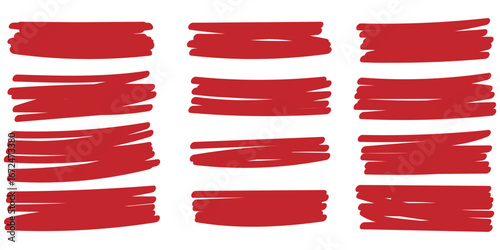 Red marker strokes set. Hand drawn lines for underlining text. Grunge brush paint stripes. Highlight scribble. Set of red marker paint texture. Stroke isolated on white background. eps 10