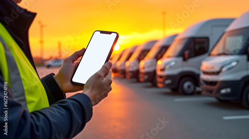 Close-up of hands holding a smartphone, standing next to a line of delivery trucks
