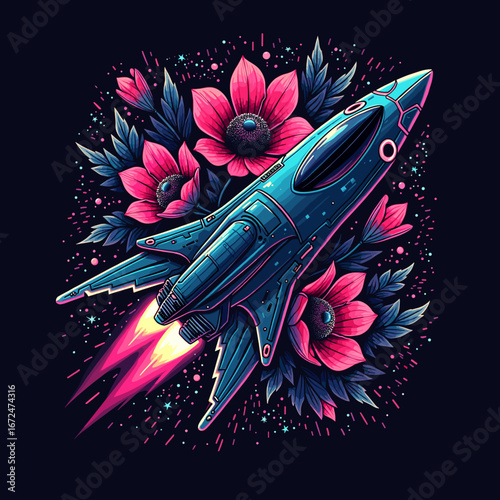 Rocket illustration with colorful flowers and cosmic elements for t-shirt design  
