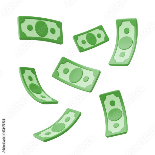 Floating cartoon money bills isolated on black background emphasizing financial concept wealth