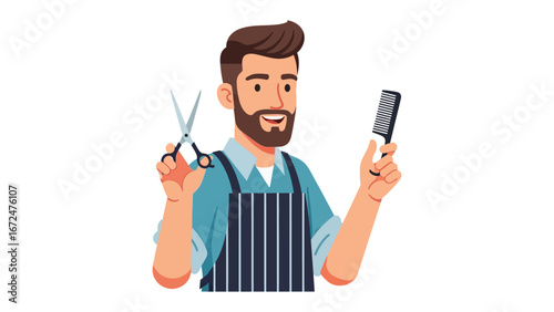 Barber at work: A skilled barber stands poised with scissors and comb, epitomizing professional grooming and skillful artistry in a modern salon.