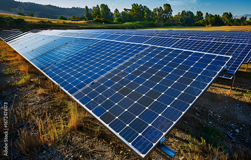 Farma fotowoltaiczna w złotym świetle zachodzącego słońca. Panele słoneczne symbolizujące zieloną, odnawialną energię i ekologię.