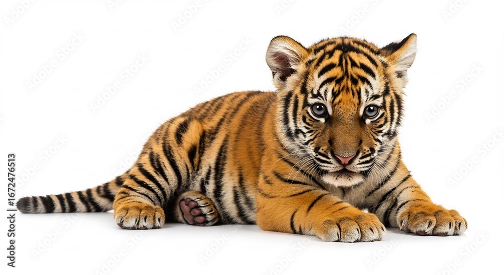 Obraz premium Adorable tiger cub rests peacefully against bright white background. AI Generated
