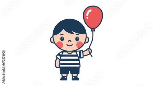 Cute Boy with Balloon: This charming vector illustration features a smiling boy, clutching a vibrant red balloon, ready to explore the world with a heart full of joy and dreams.