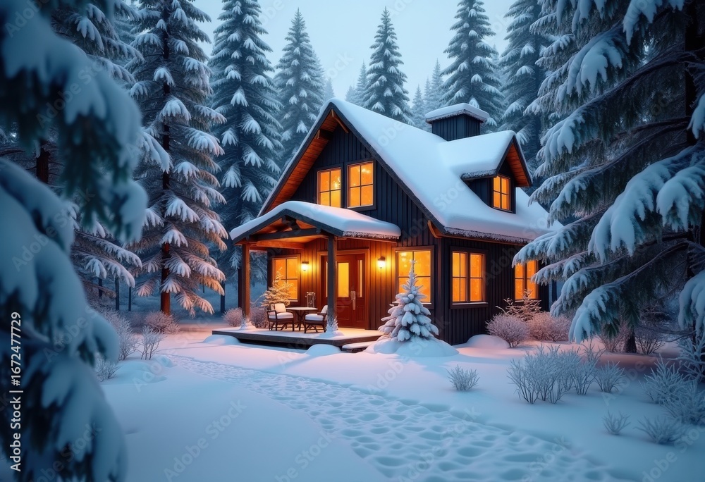Fototapeta premium cozy cabin surrounded snow laden trees winter wonderland tranquil scene warm glow cabin life, forest, nature, landscape, architecture, holiday, vacation