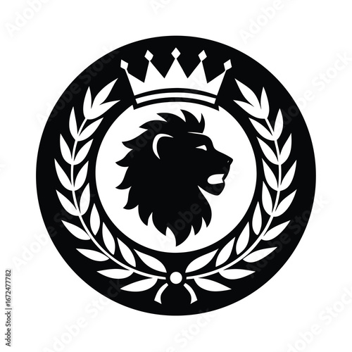 silhouette of a lion face with crown and laurel