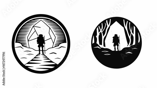 Two circular black and white emblems depicting a hiker in different outdoor environments with mountains | editable eps vectors silhouette