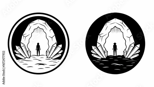 Silhouette of a person standing at the entrance of a cave with crystals in black and white illustration | editable eps vectors