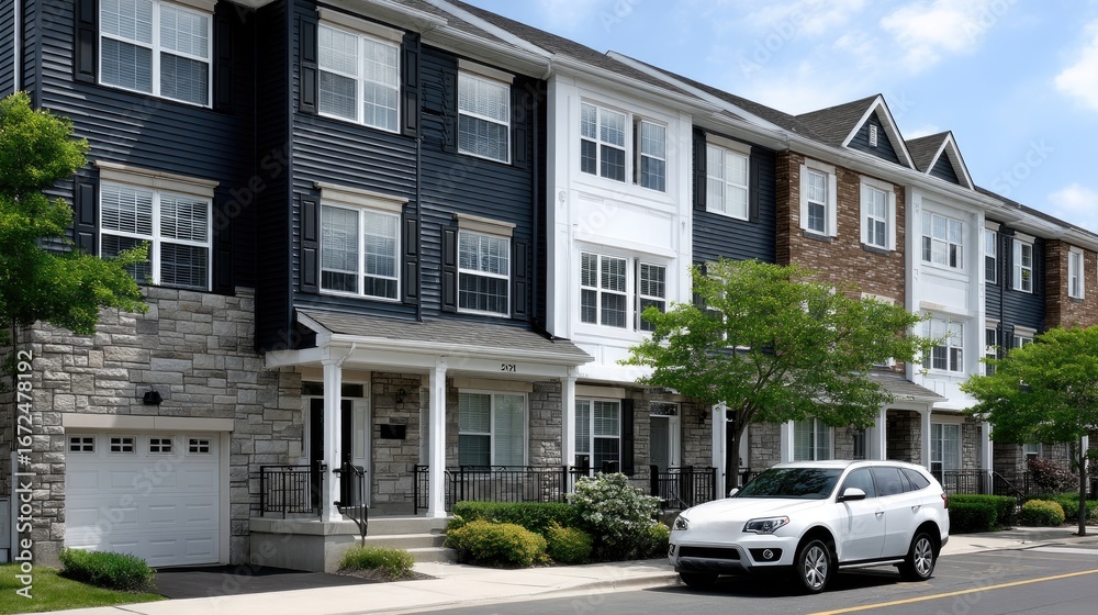 Naklejka premium Vibrant buildings with balconies stand behind lush grass under a bright blue sky on a sunny day, evoking a lively atmosphere.
