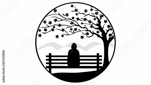Silhouette of person sitting on bench under a flowering tree with mountains in the background in a circle | editable eps vectors
