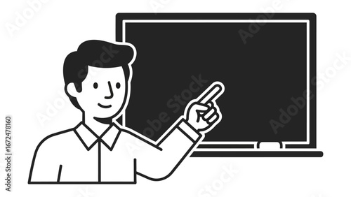 Educational Guidance: A vector illustration shows a smiling educator gesturing towards a blank chalkboard, symbolizing instruction and guidance. The scene evokes themes of teaching and knowledge.