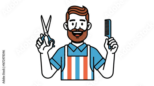 Barber with Tools: A jovial barber, brandishing scissors and a comb with a cheerful expression, embodying skill and welcoming service, ready to craft a perfect style.